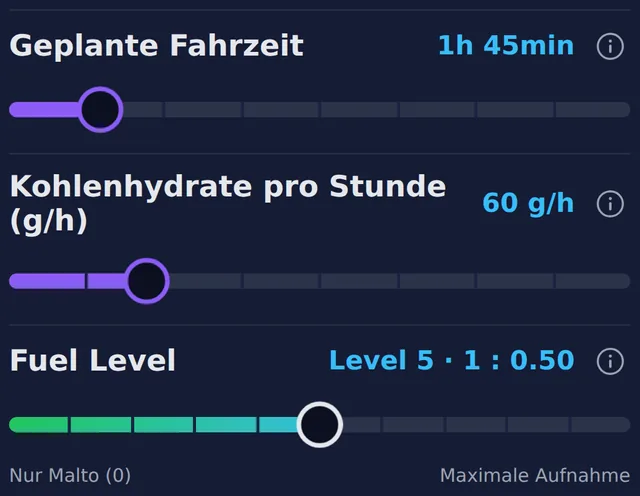 Regler für Fahrzeit, Kohlenhydrate und Fuel Level