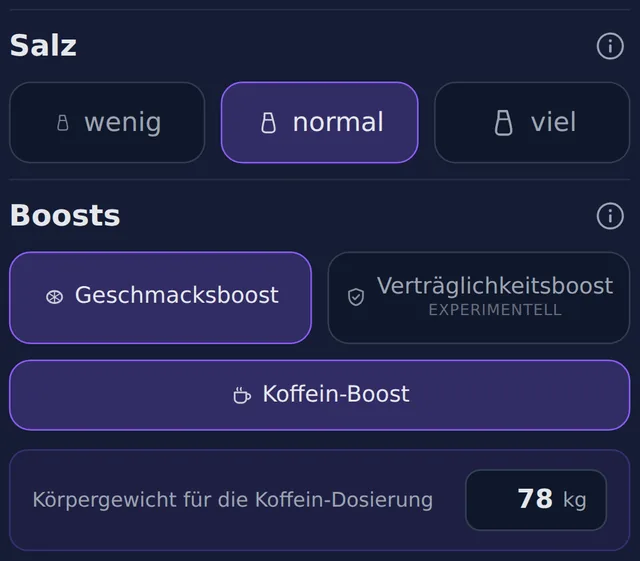 Salzstufen und Boost-Auswahl